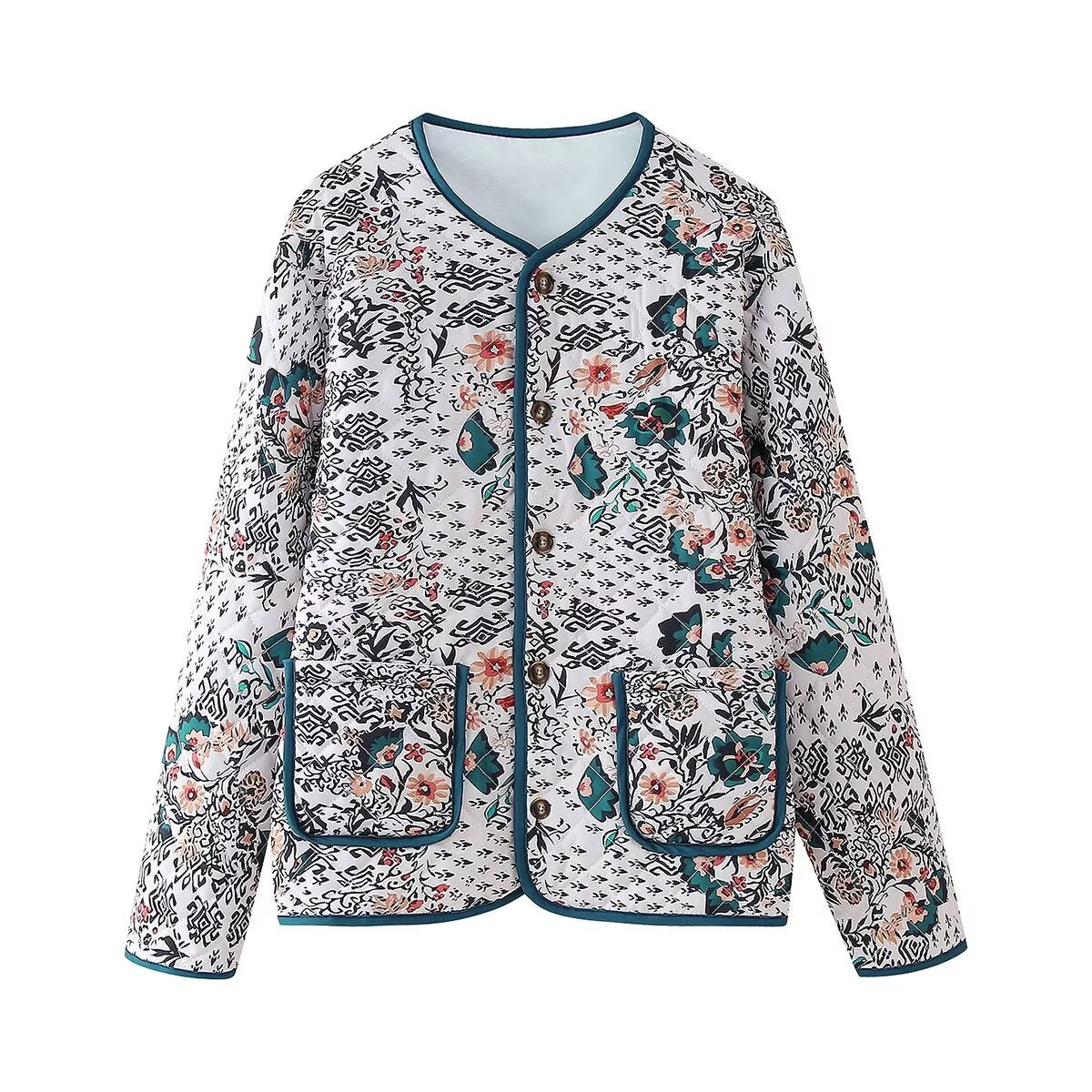 Boho Floral Quilted Contrast Trim Jacket - Green