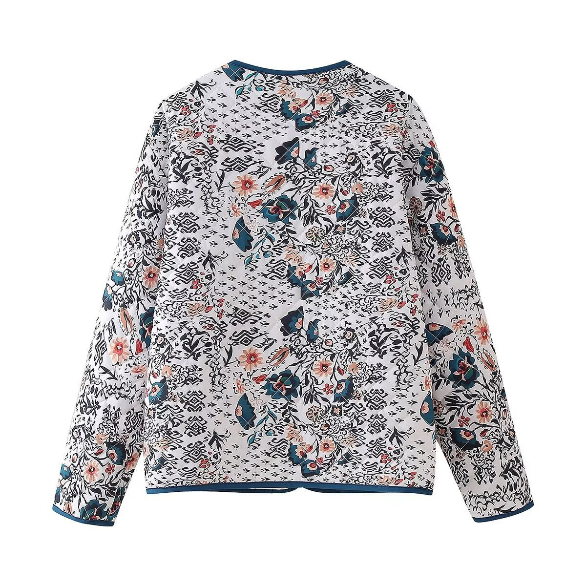 Boho Floral Quilted Contrast Trim Jacket - Green - 1