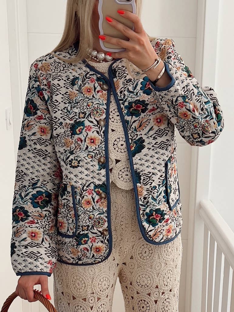 Boho Floral Quilted Contrast Trim Jacket