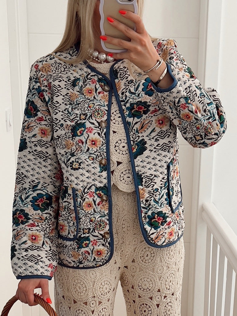 Boho Floral Quilted Contrast Trim Jacket - view 1