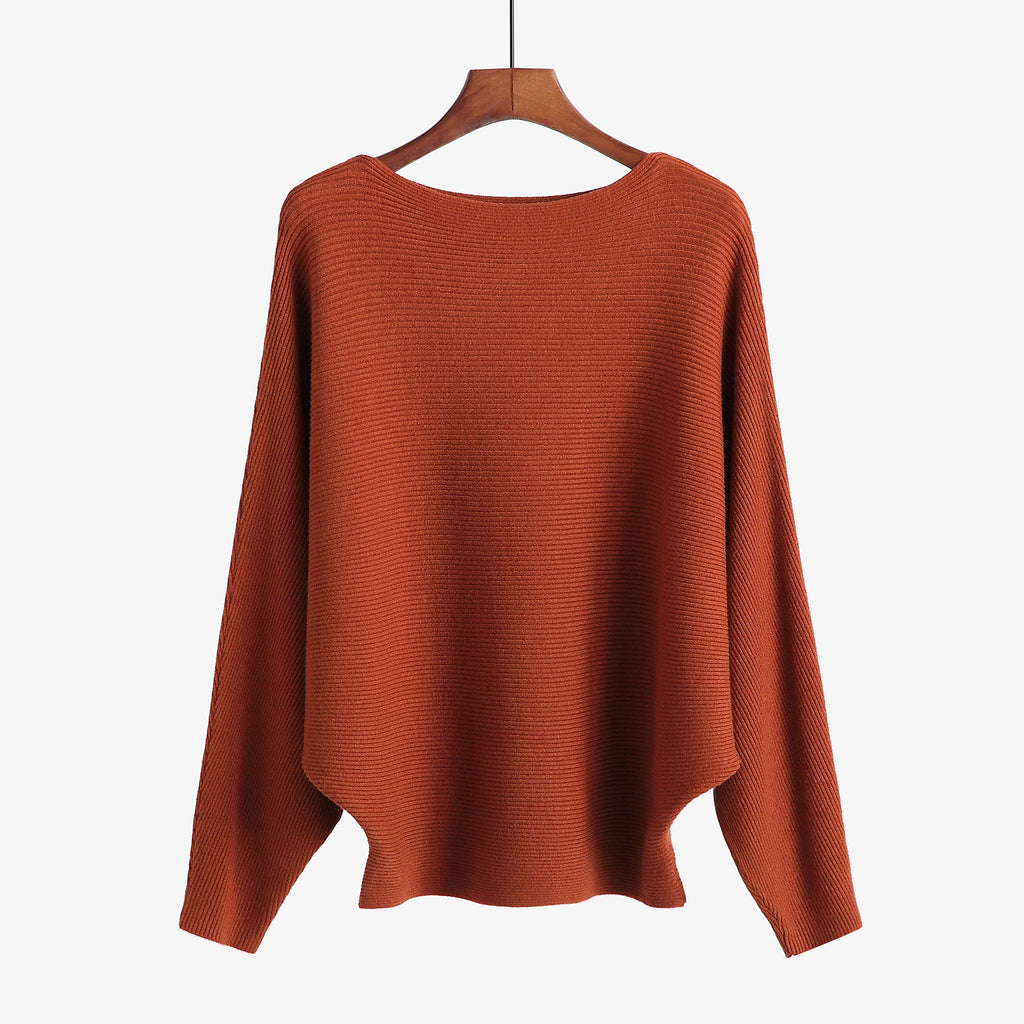 Batwing Sleeve Boat Neck Knit Pullover - Caramel