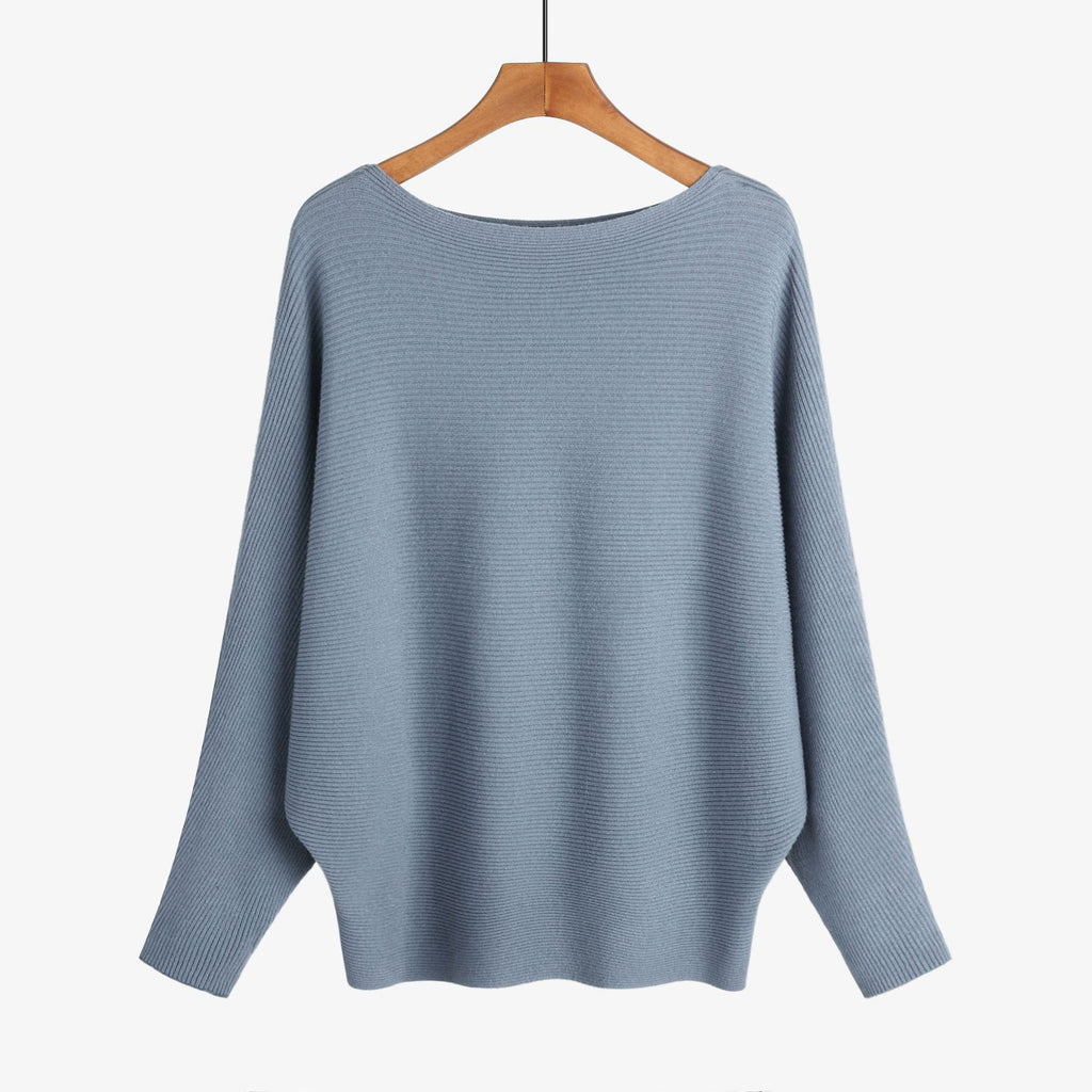 Batwing Sleeve Boat Neck Knit Pullover - DarkBlue