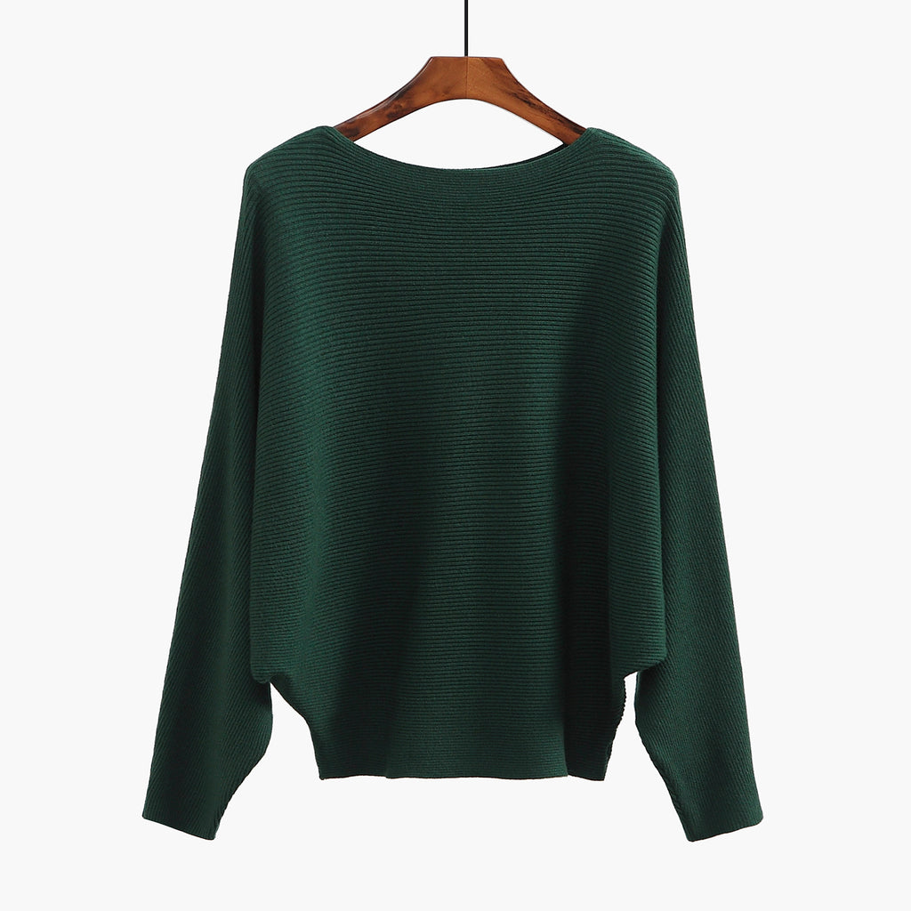 Batwing Sleeve Boat Neck Knit Pullover - DarkGreen