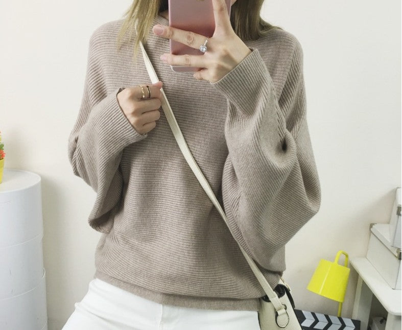 Batwing Sleeve Boat Neck Knit Pullover - Khaki