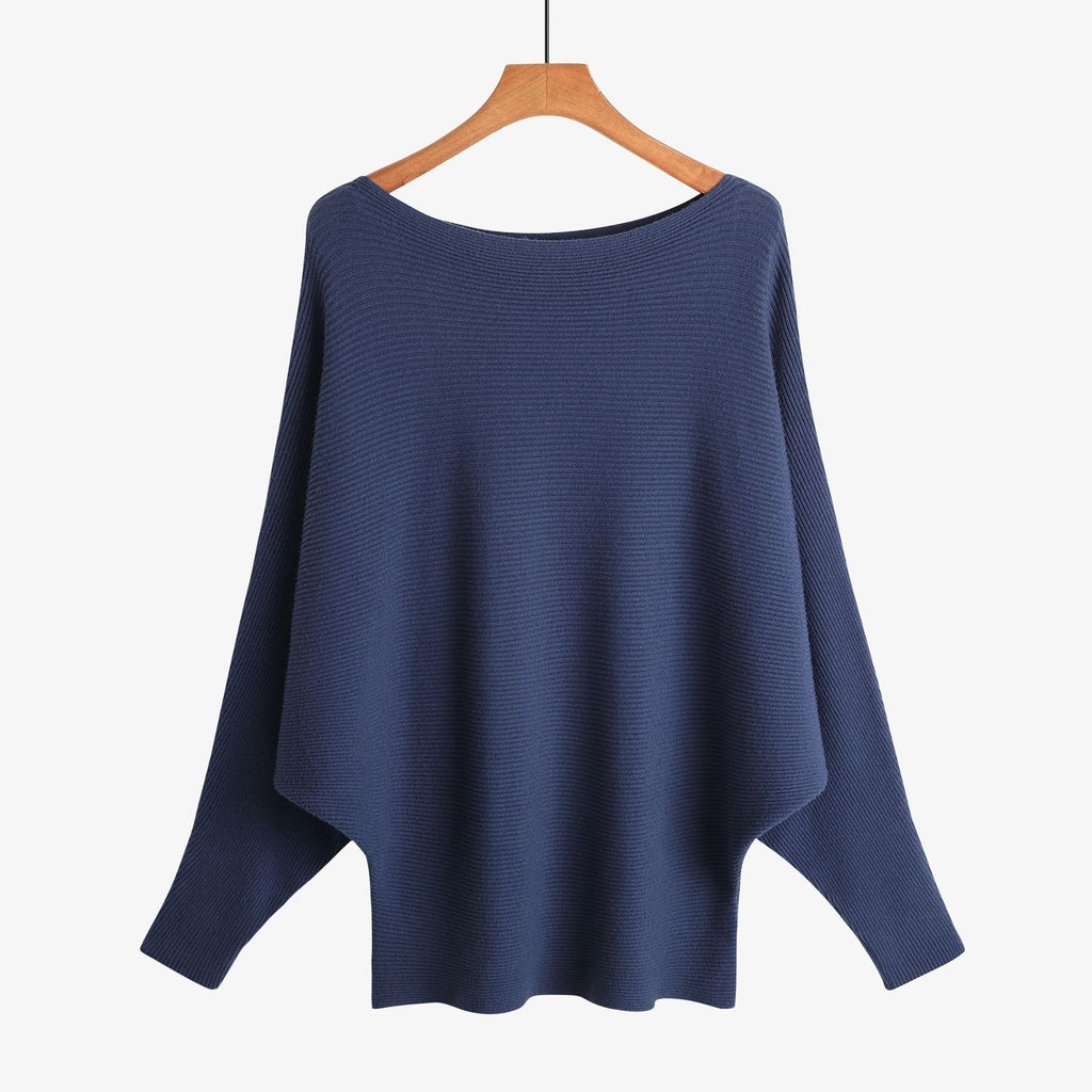 Batwing Sleeve Boat Neck Knit Pullover - NavyBlue
