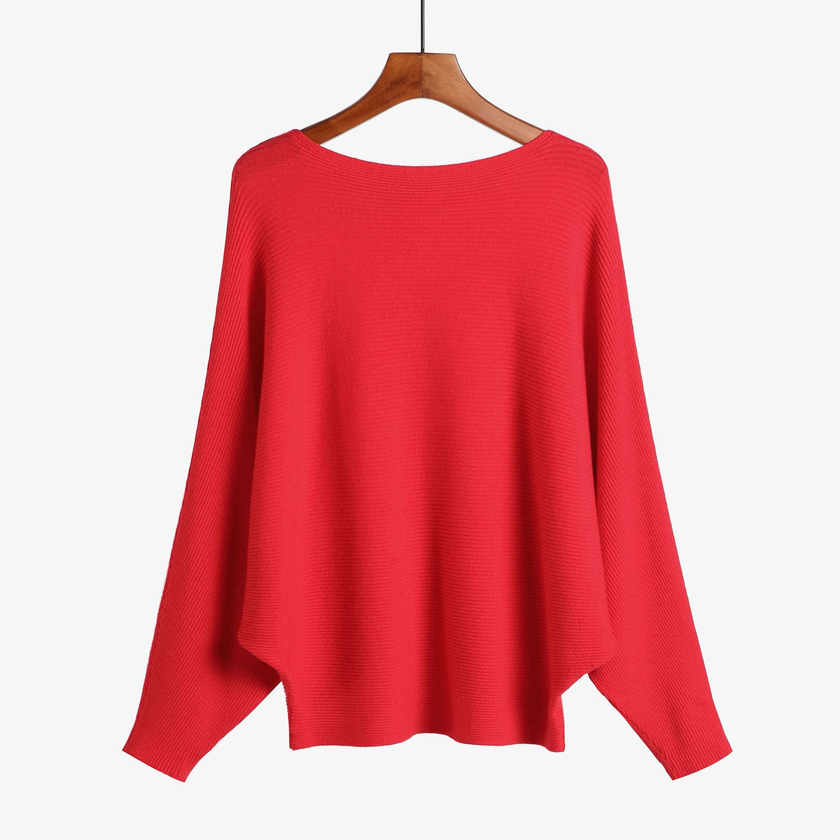 Batwing Sleeve Boat Neck Knit Pullover - Red