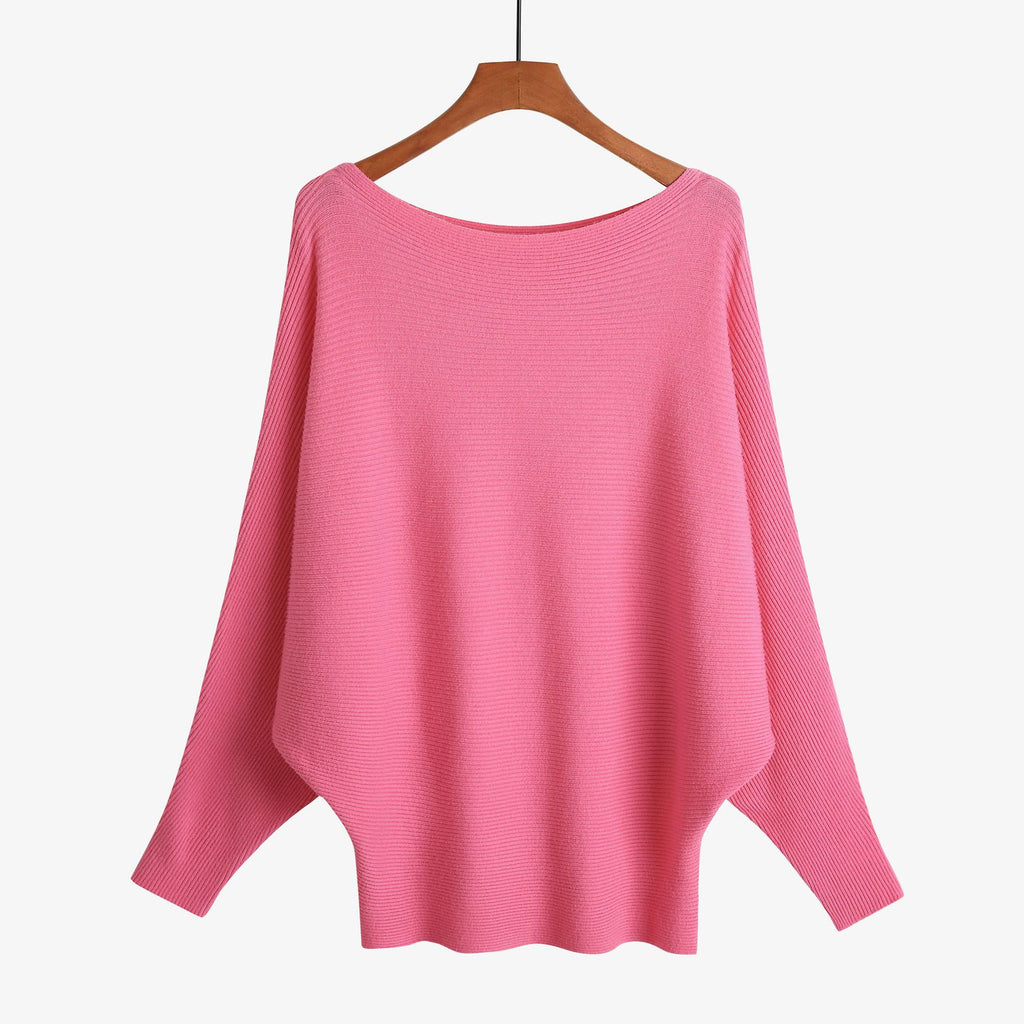 Batwing Sleeve Boat Neck Knit Pullover - Rose