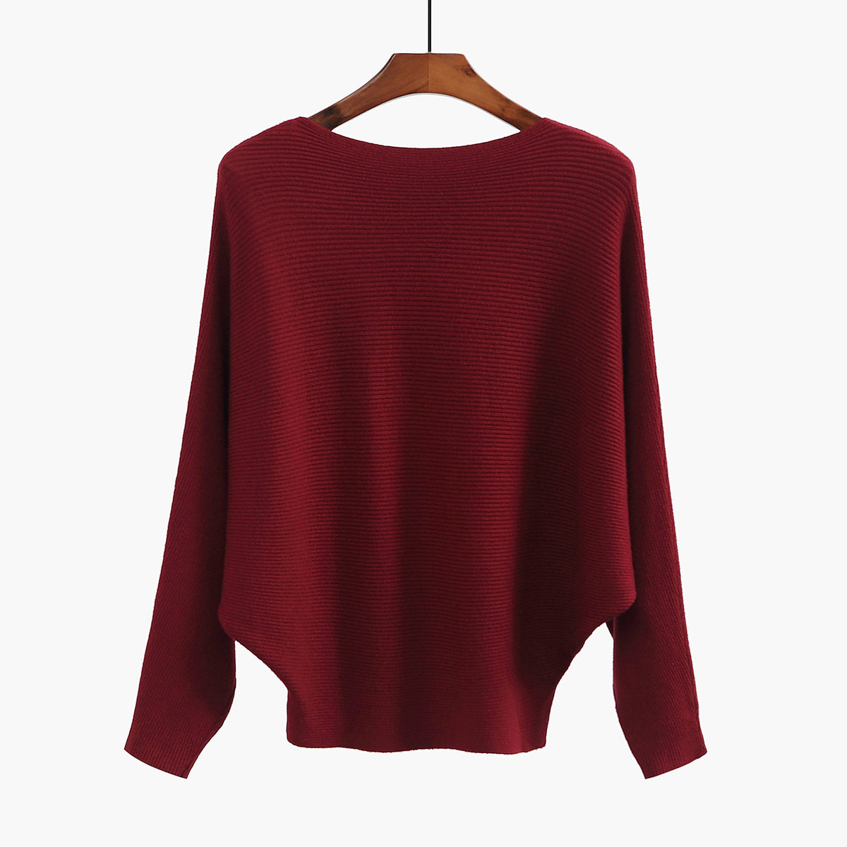 Batwing Sleeve Boat Neck Knit Pullover - WineRed