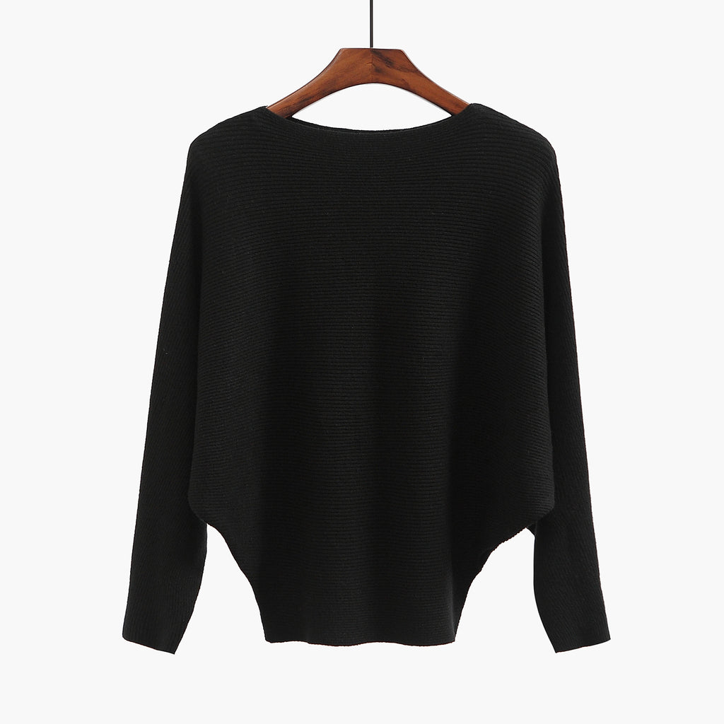Batwing Sleeve Boat Neck Knit Pullover - black