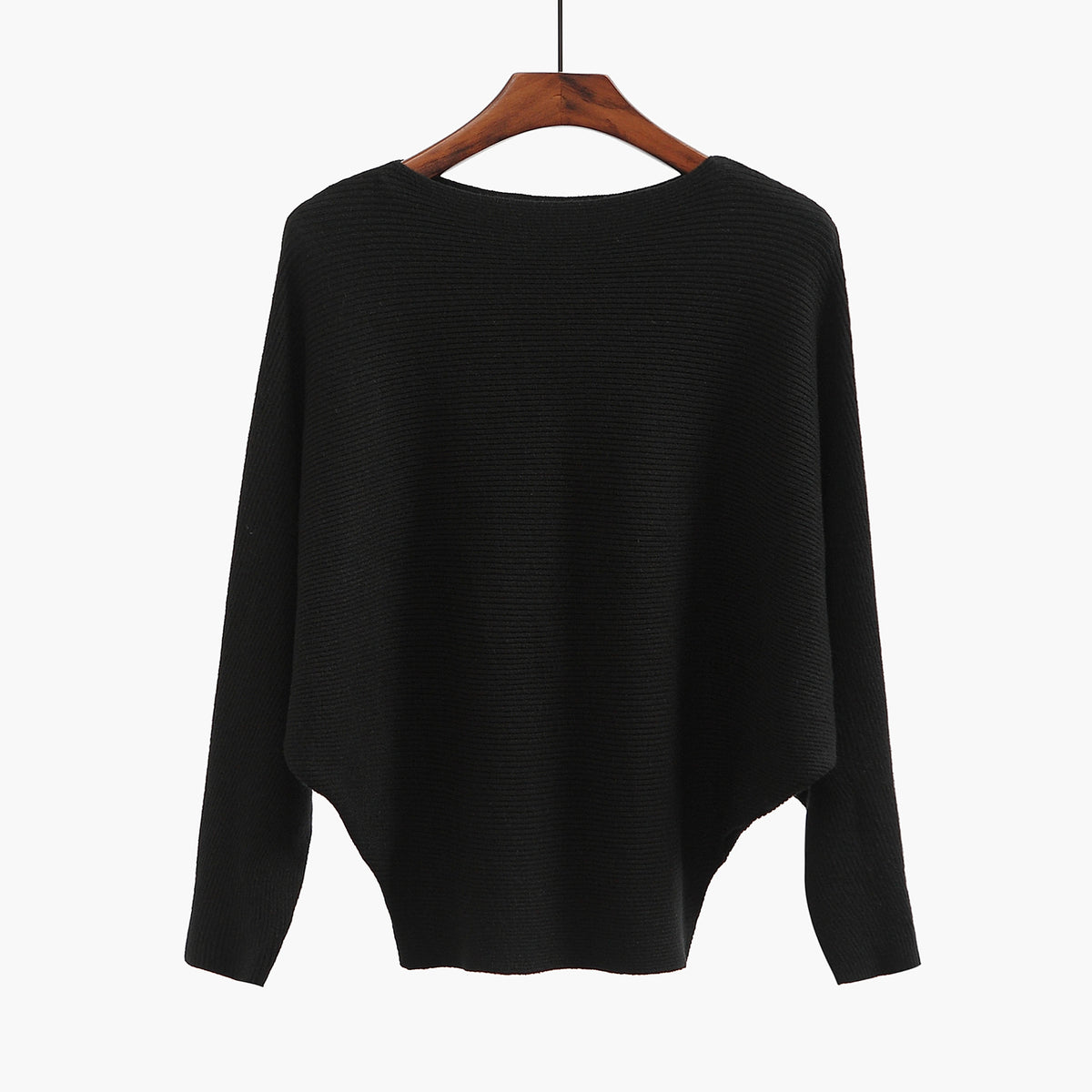 Batwing Sleeve Boat Neck Knit Pullover - black