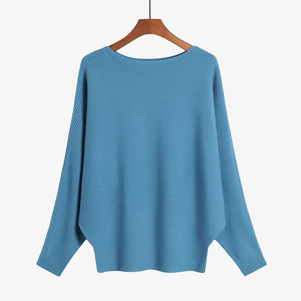 Batwing Sleeve Boat Neck Knit Pullover - blue