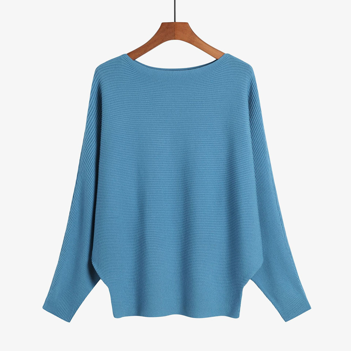 Batwing Sleeve Boat Neck Knit Pullover - blue