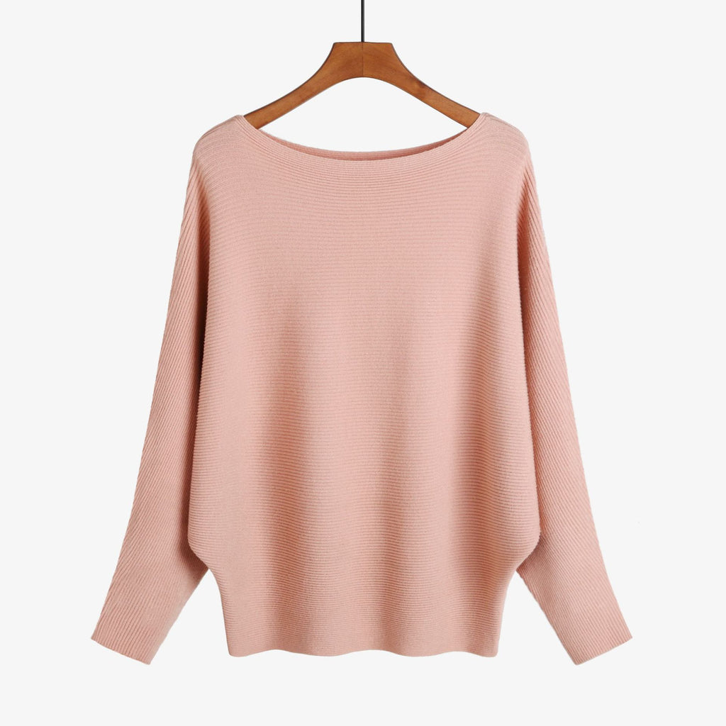 Batwing Sleeve Boat Neck Knit Pullover - pink
