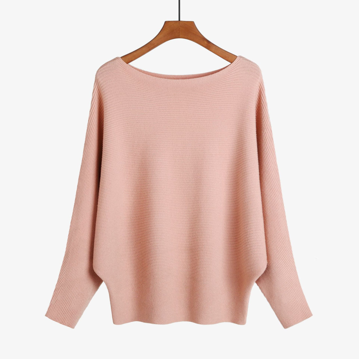 Batwing Sleeve Boat Neck Knit Pullover - pink