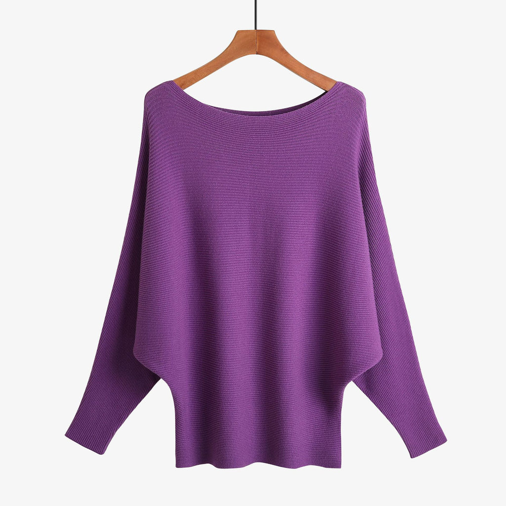 Batwing Sleeve Boat Neck Knit Pullover - purple