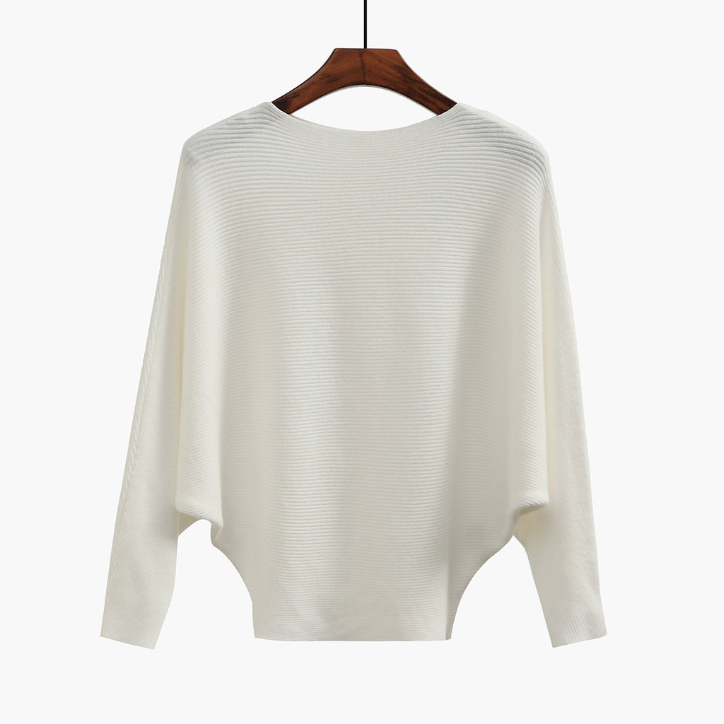 Batwing Sleeve Boat Neck Knit Pullover - white