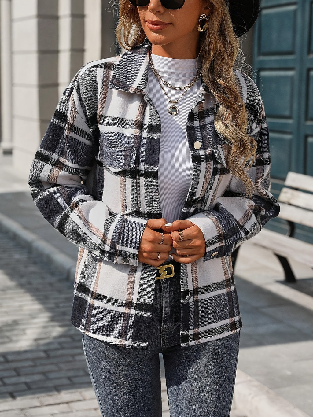 Black Plaid Flap Pocket Shirt Jacket - Black - 1