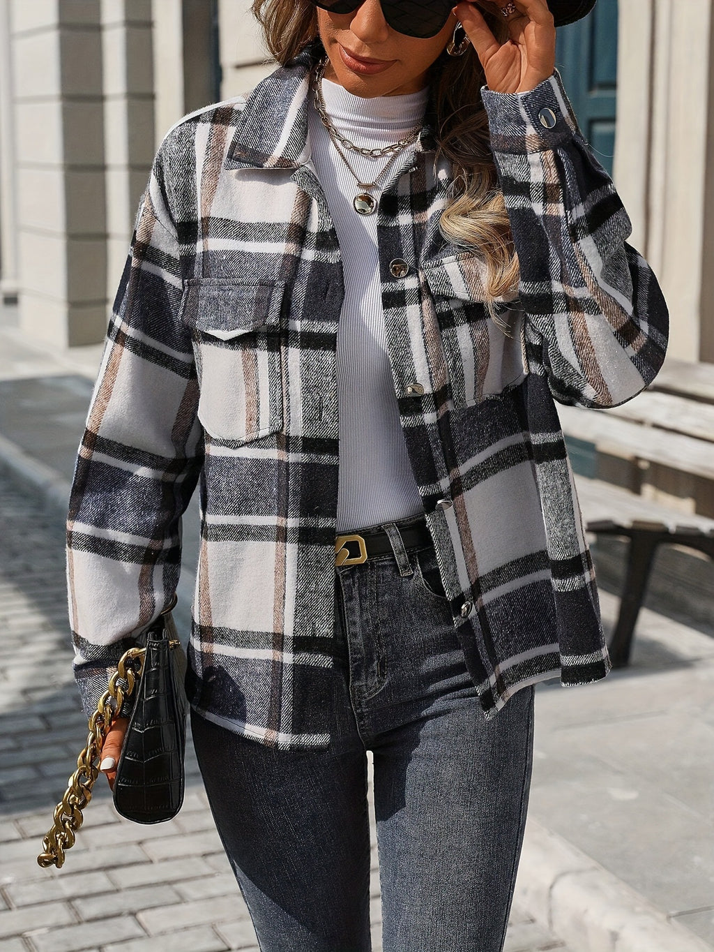 Black Plaid Flap Pocket Shirt Jacket - Black - 2