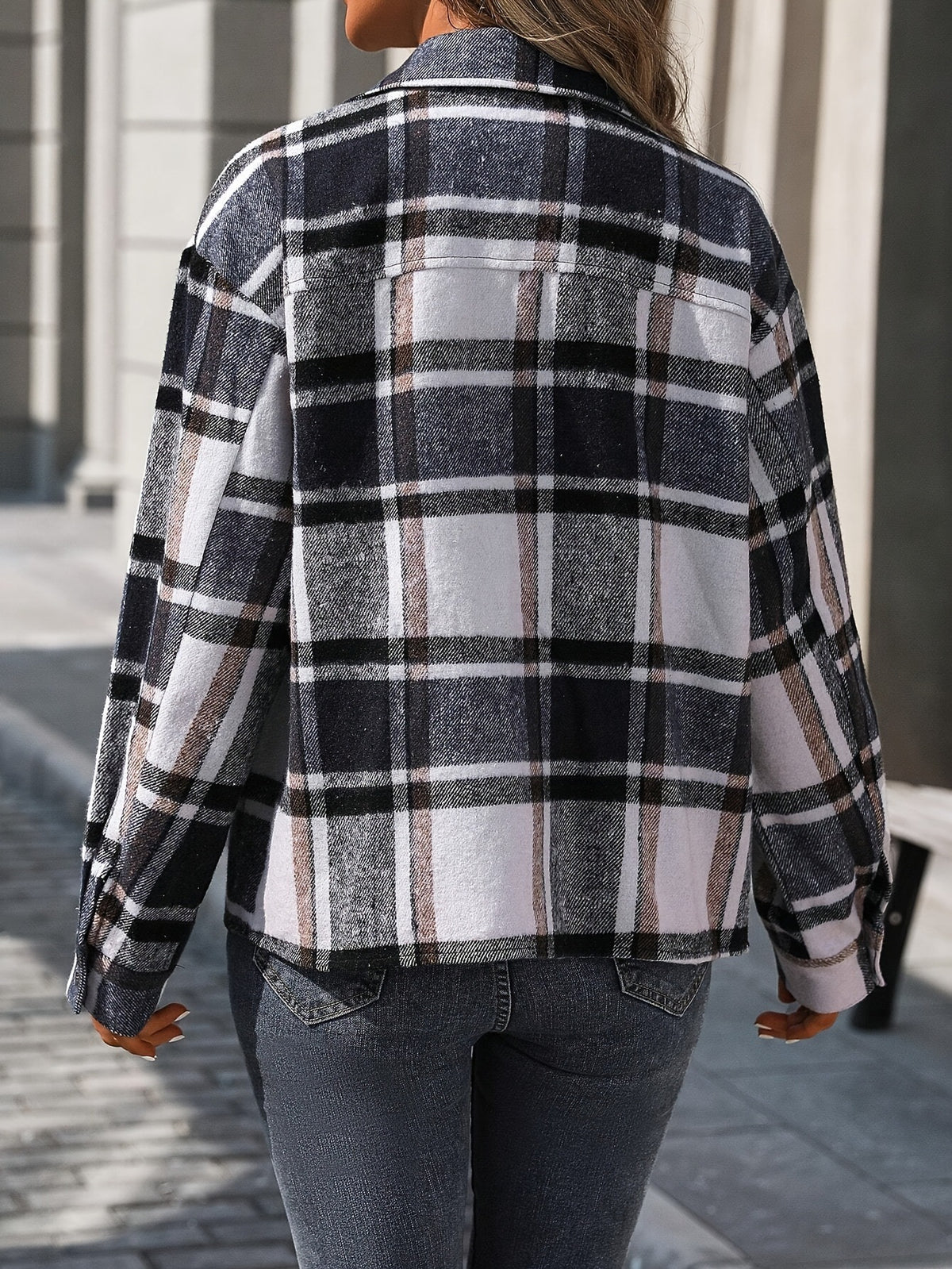Black Plaid Flap Pocket Shirt Jacket - Black - 3