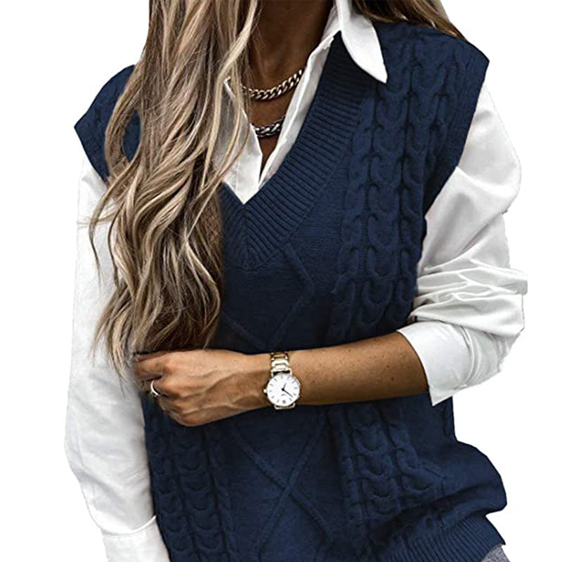 Cable Knit V Neck Sweater Vest - Black