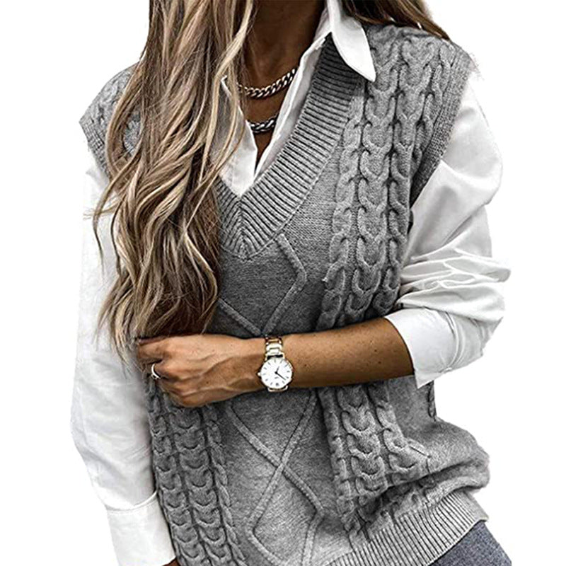 Cable Knit V Neck Sweater Vest - Gray