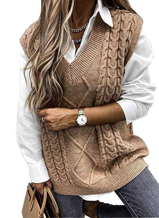 Cable Knit V Neck Sweater Vest - Khaki