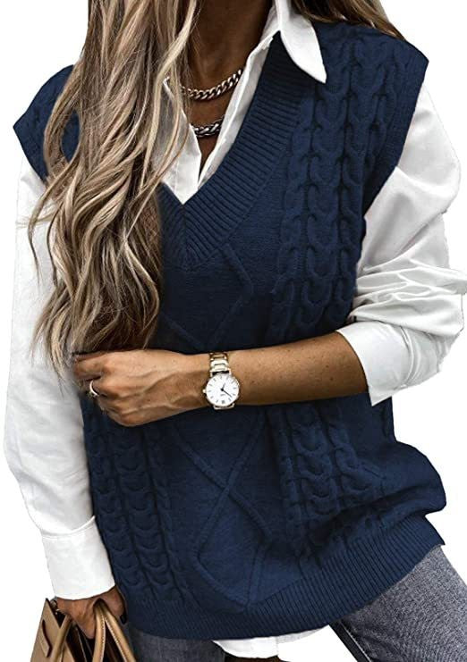 Cable Knit V Neck Sweater Vest - Navy
