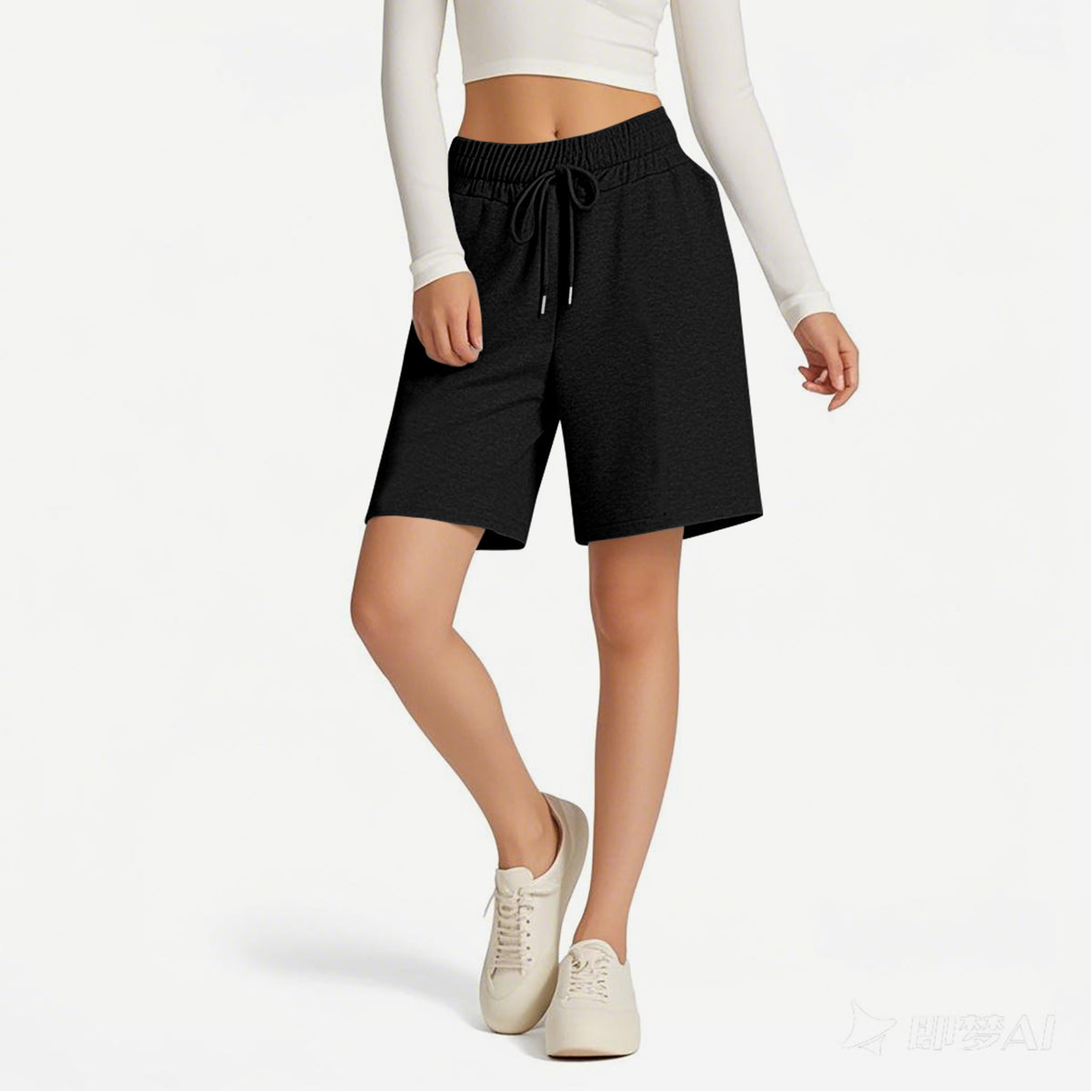 Knee Length Drawstring Bermuda Lounge Shorts - black