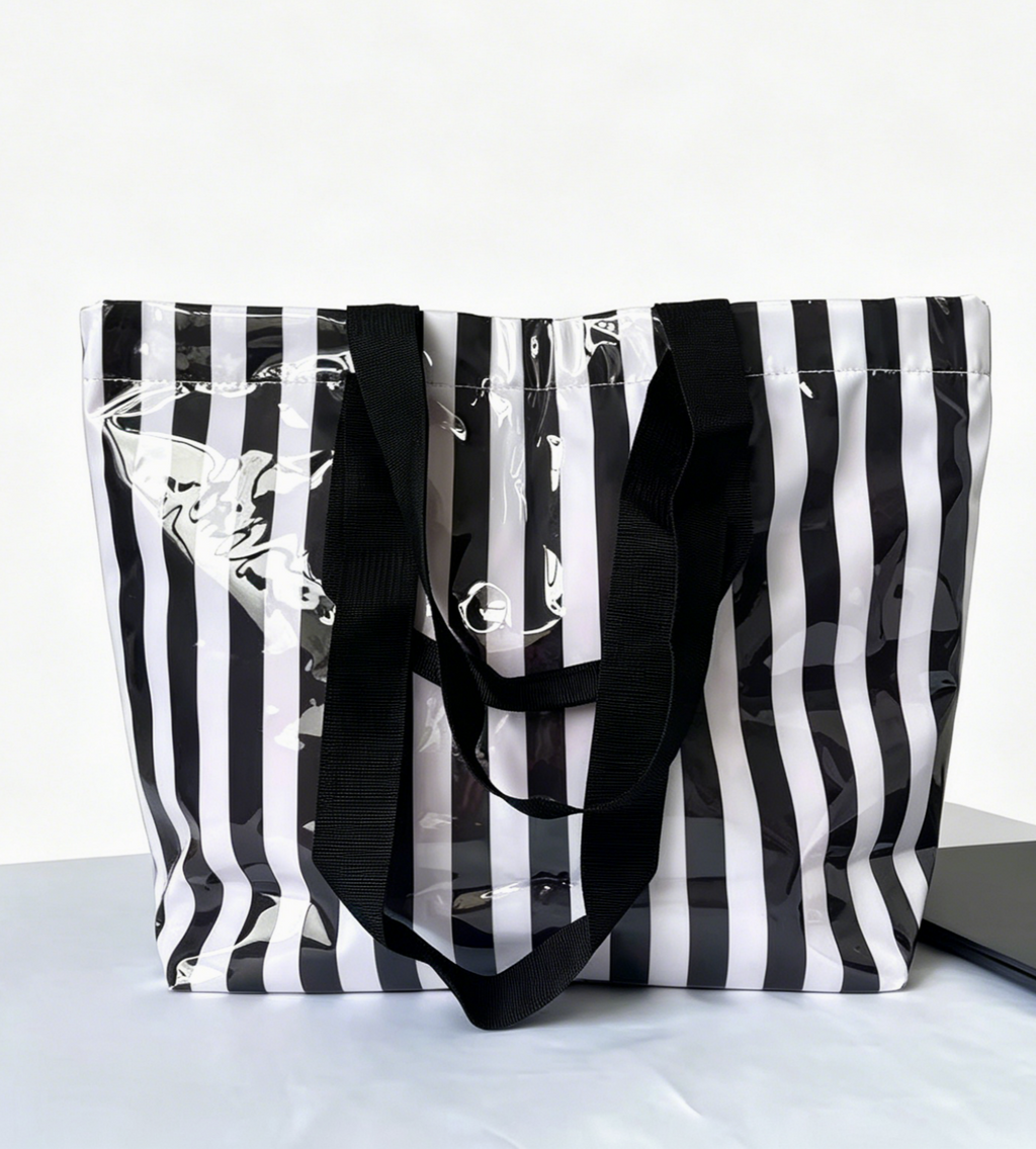 Striped Vinyl Beach Tote Bag With Snap Closure - Black