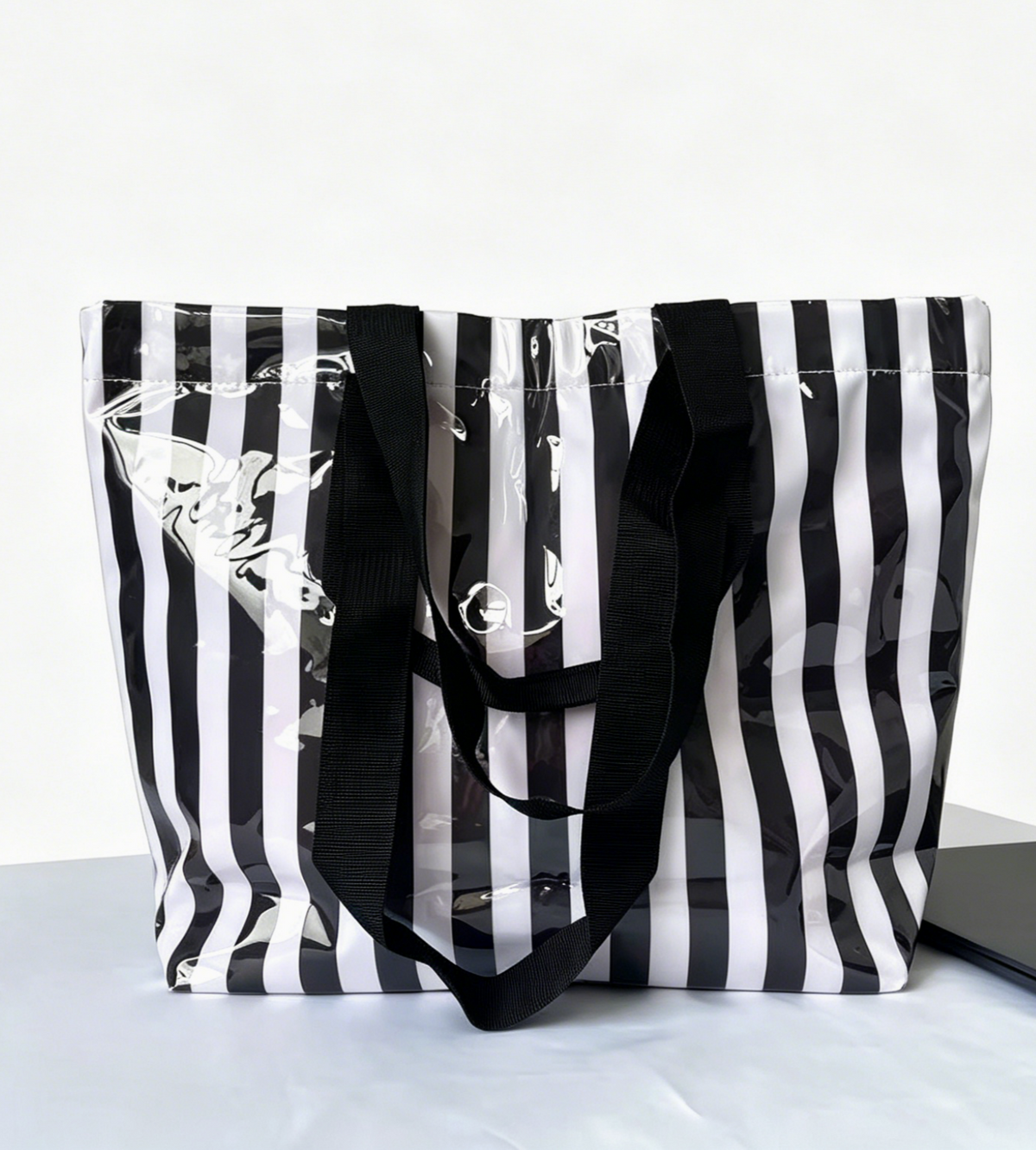 Striped Vinyl Beach Tote Bag With Snap Closure - Black