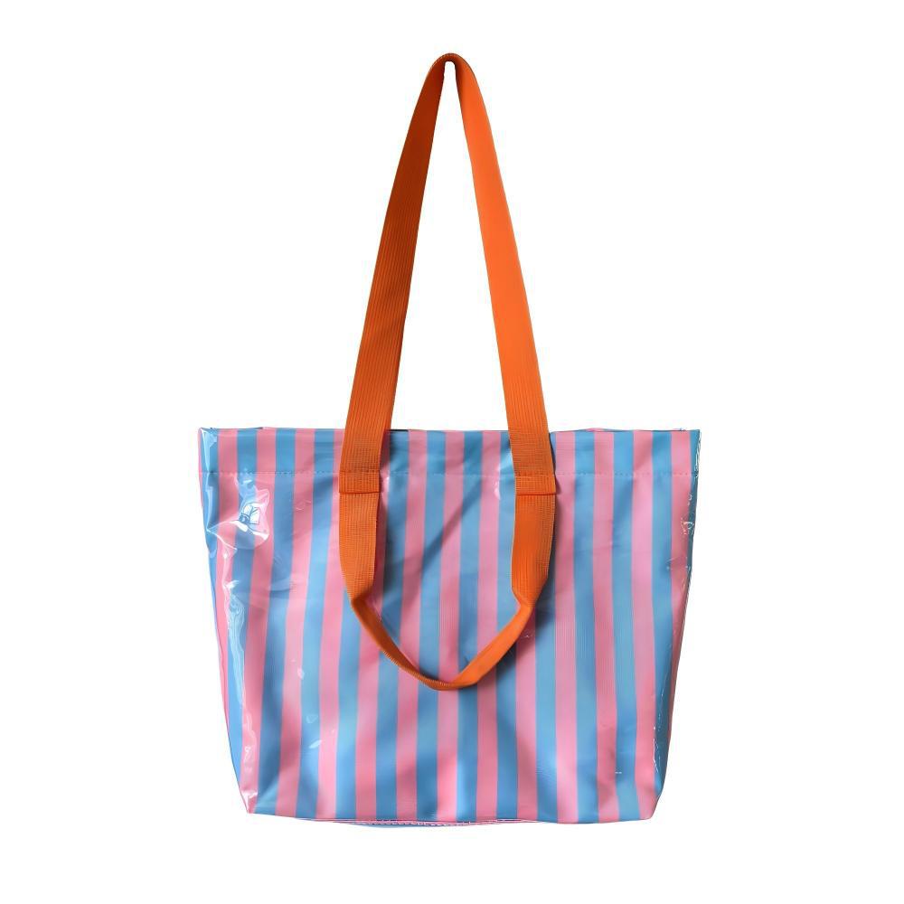 Striped Vinyl Beach Tote Bag With Snap Closure - BluePink
