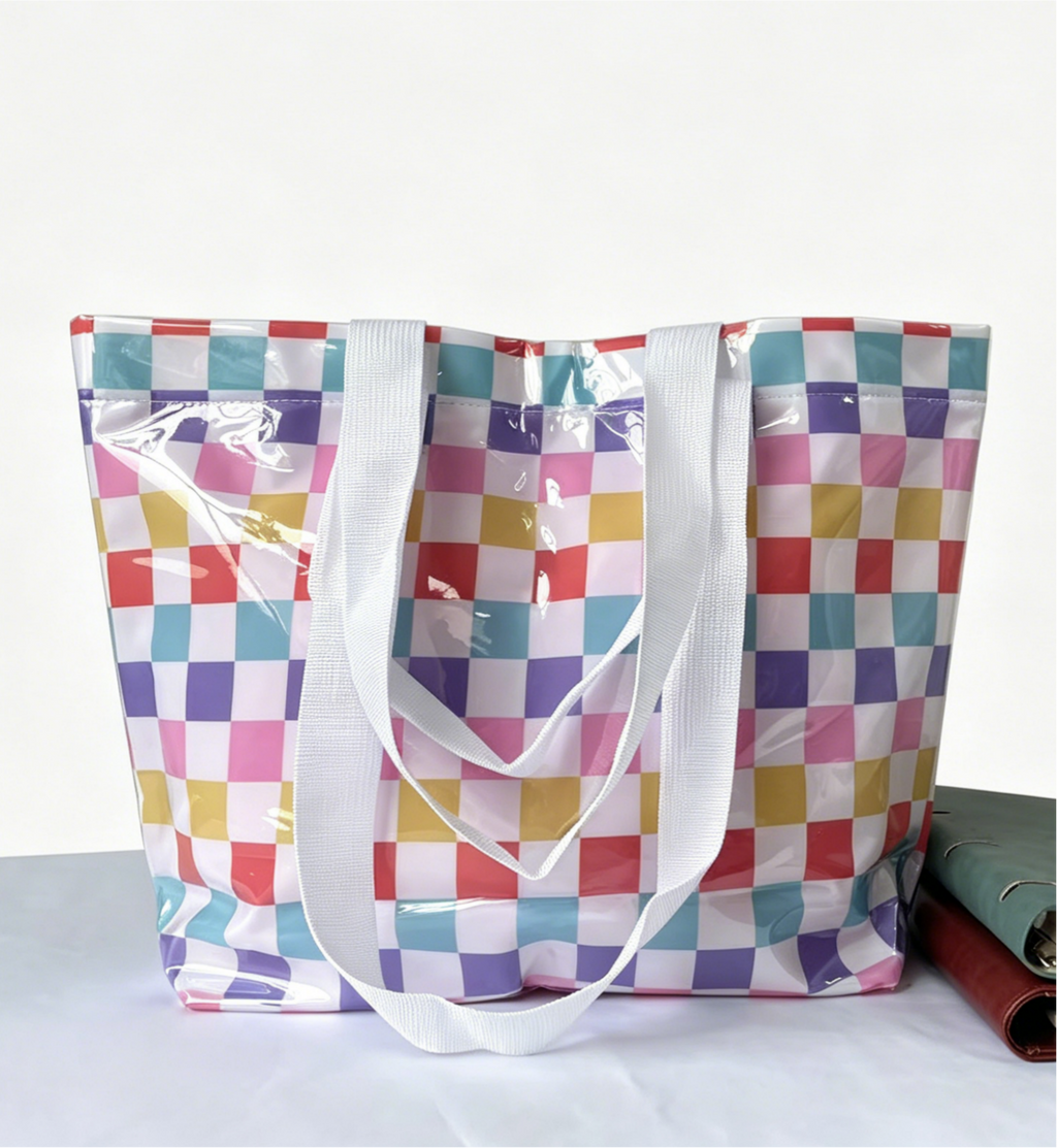 Striped Vinyl Beach Tote Bag With Snap Closure - Colorful