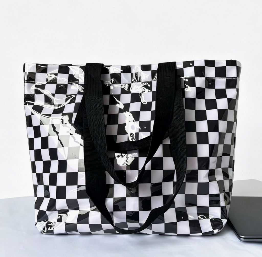 Striped Vinyl Beach Tote Bag With Snap Closure - GBlack