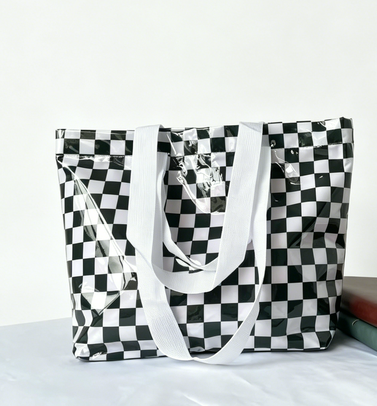 Striped Vinyl Beach Tote Bag With Snap Closure - MGreen