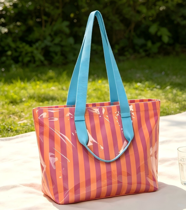 Striped Vinyl Beach Tote Bag With Snap Closure - Orange - 1