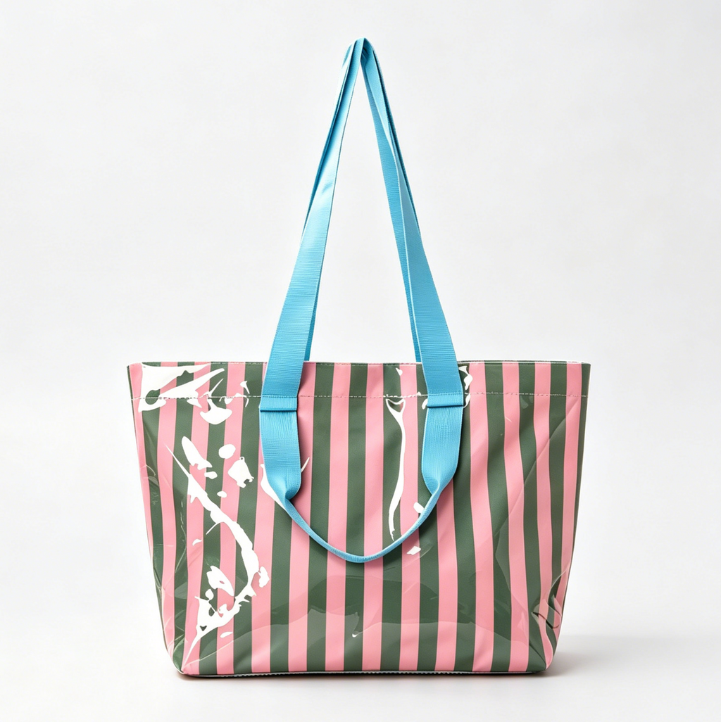 Striped Vinyl Beach Tote Bag With Snap Closure - PGreen