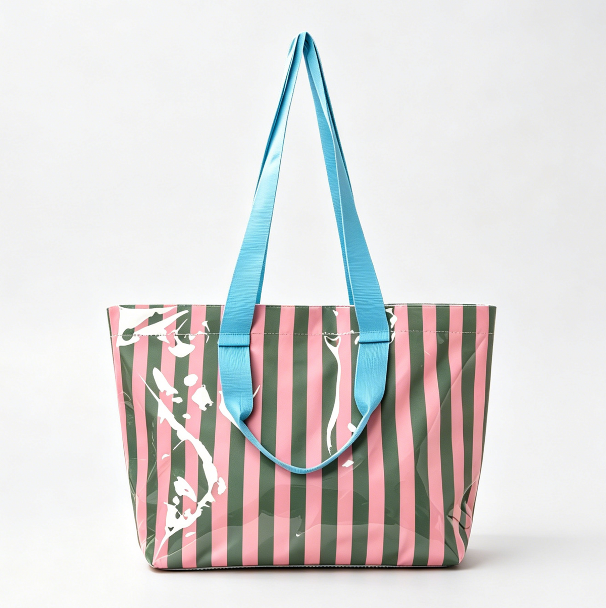 Striped Vinyl Beach Tote Bag With Snap Closure - PGreen
