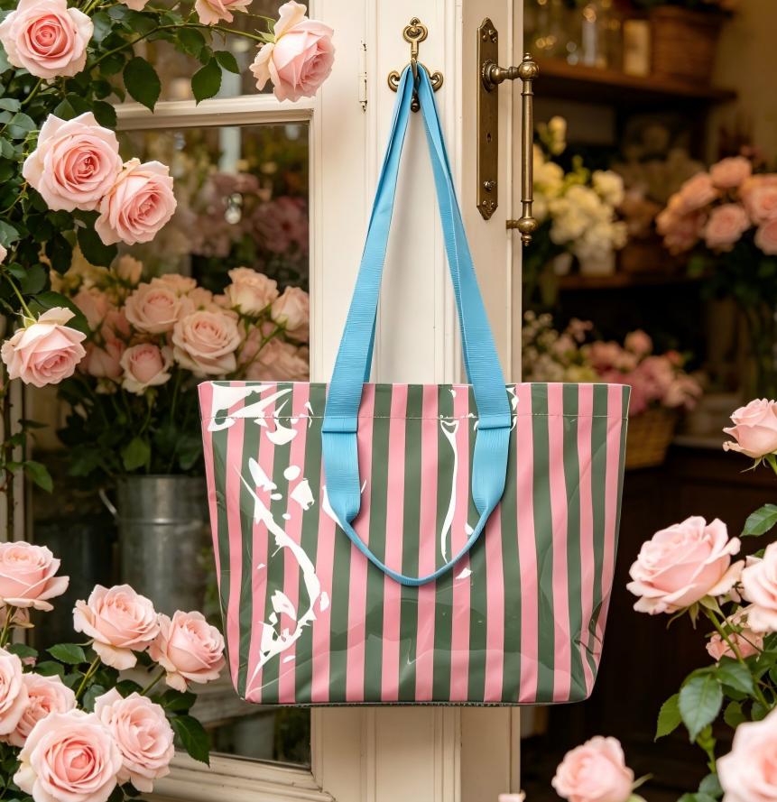 Striped Vinyl Beach Tote Bag With Snap Closure - PGreen - 1