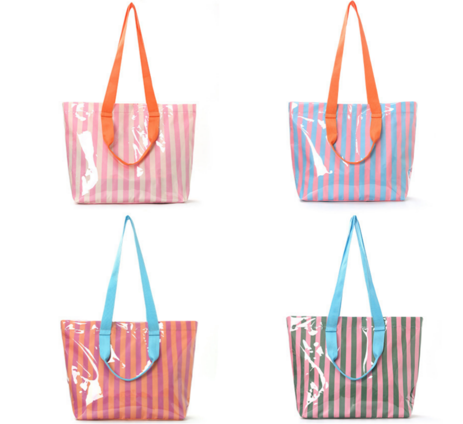 Striped Vinyl Beach Tote Bag With Snap Closure - PGreen - 2