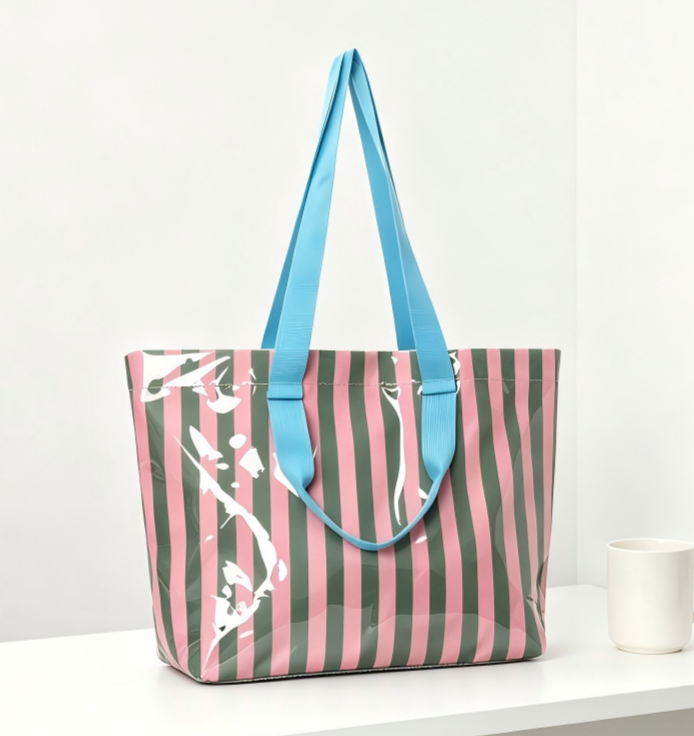 Striped Vinyl Beach Tote Bag With Snap Closure - PGreen - 3