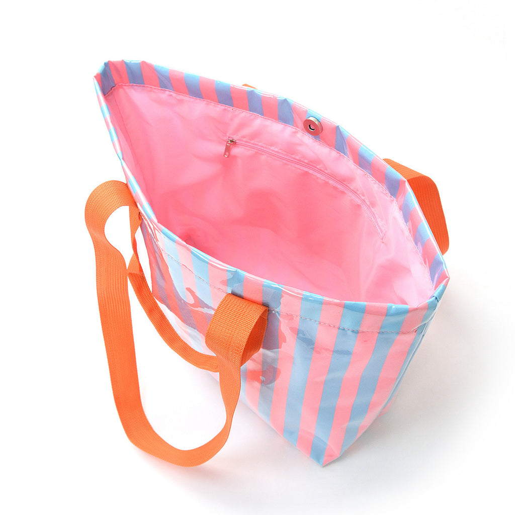 Striped Vinyl Beach Tote Bag With Snap Closure - PGreen - 4
