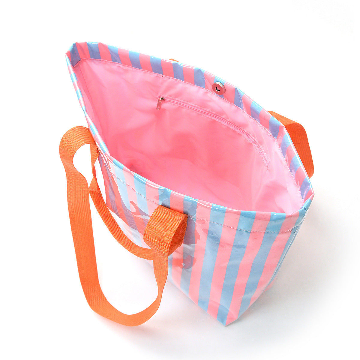 Striped Vinyl Beach Tote Bag With Snap Closure - PGreen - 4