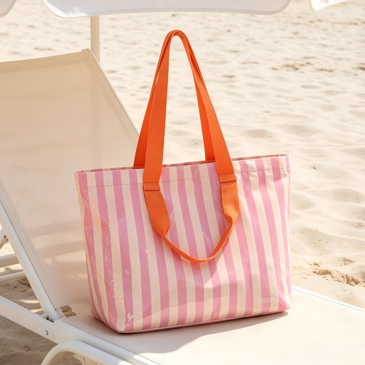 Striped Vinyl Beach Tote Bag With Snap Closure - Pink