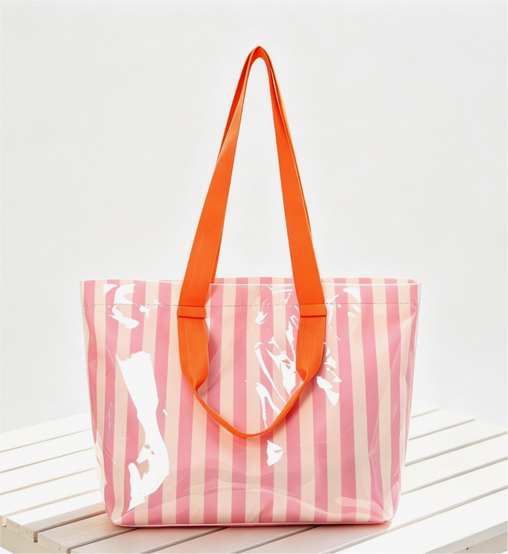 Striped Vinyl Beach Tote Bag With Snap Closure - Pink - 1
