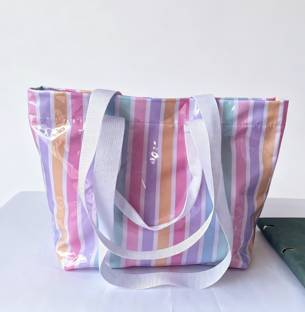 Striped Vinyl Beach Tote Bag With Snap Closure - Rainbow