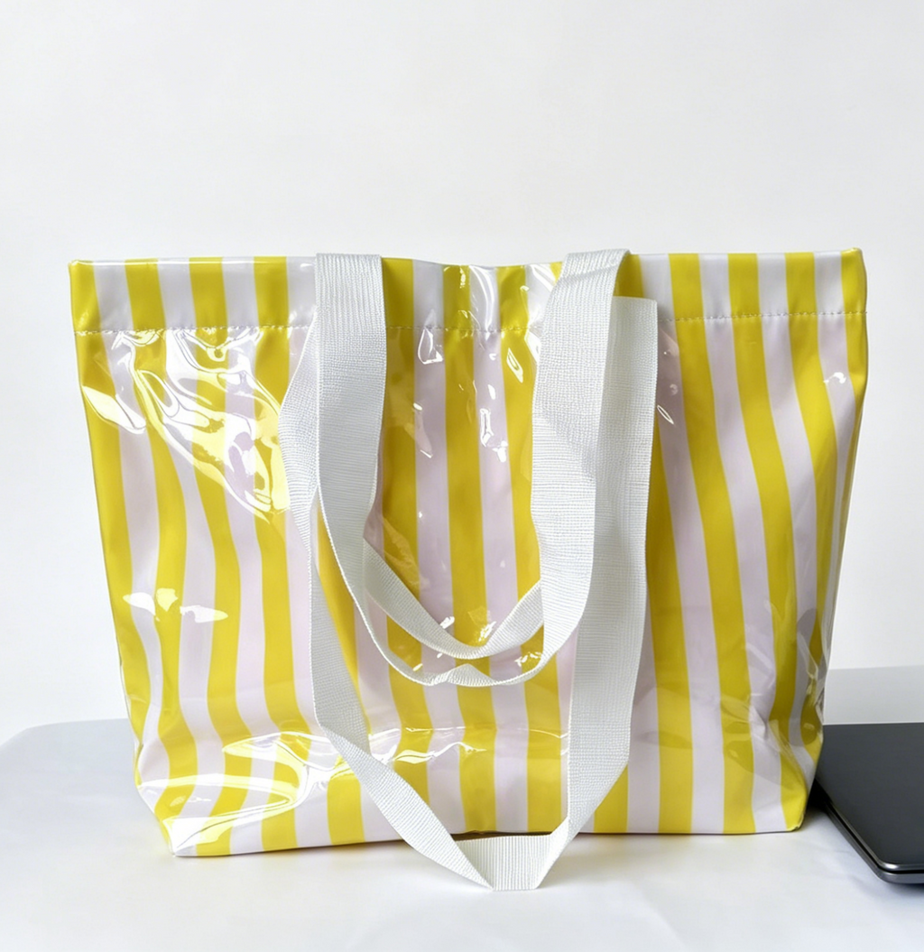 Striped Vinyl Beach Tote Bag With Snap Closure - Yellow