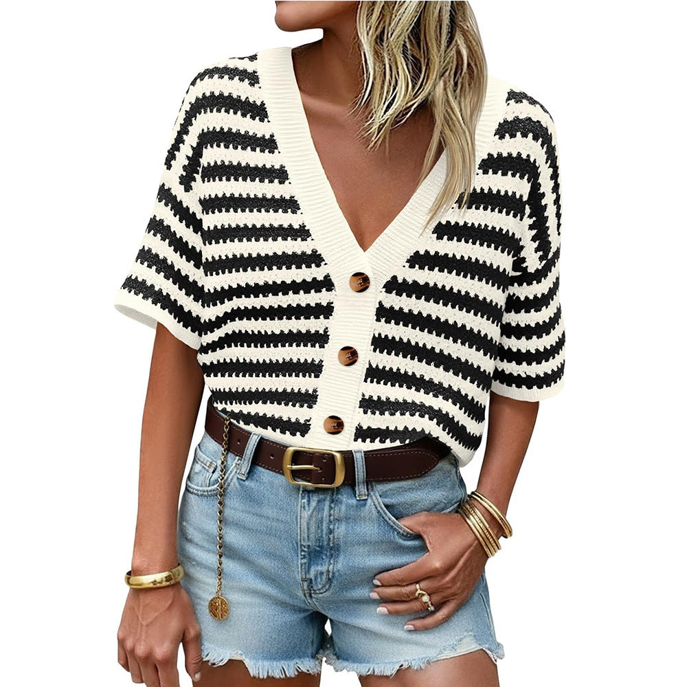 Contrast Stripe Button Up Short Sleeve Knit Top - Black