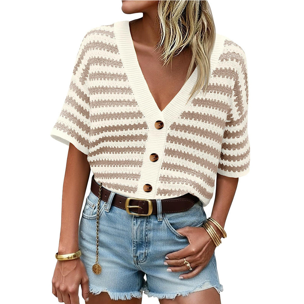 Contrast Stripe Button Up Short Sleeve Knit Top - Khaki
