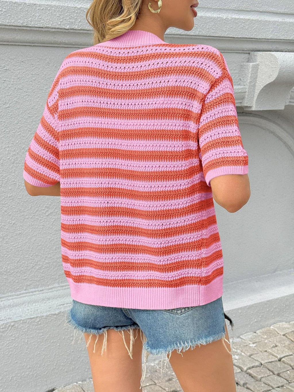 Contrast Stripe Button Up Short Sleeve Knit Top
