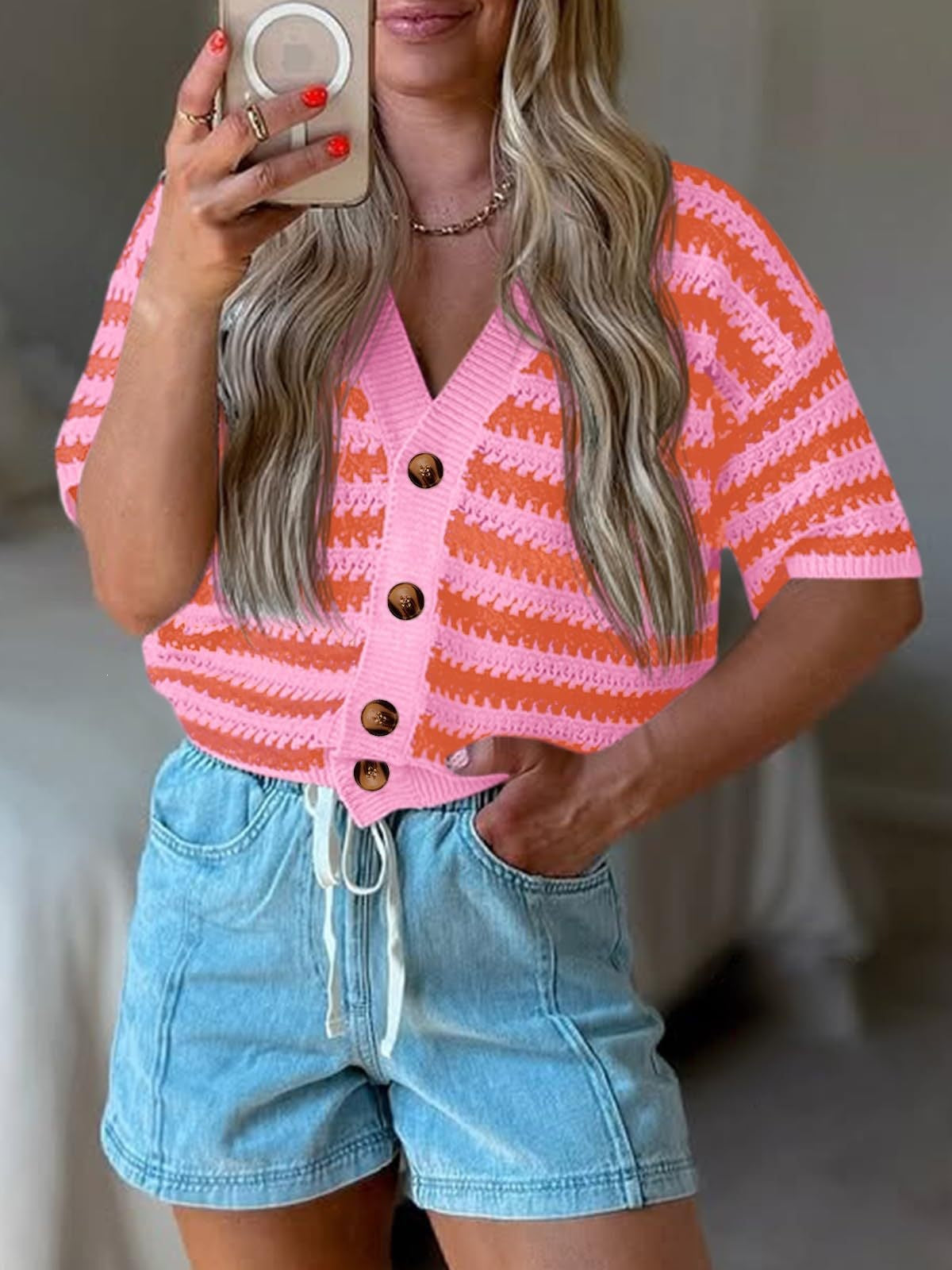 Contrast Stripe Button Up Short Sleeve Knit Top - view 1